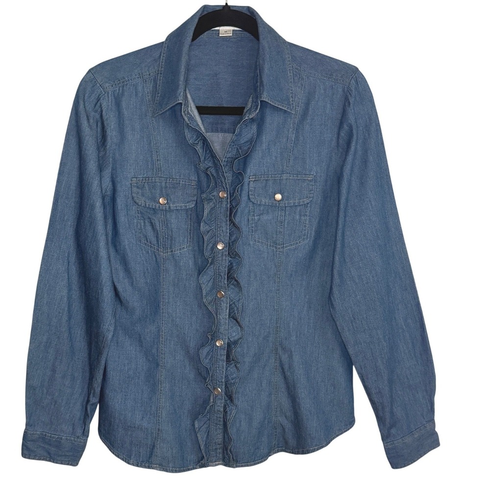 Pendleton Womens Denim Ruffle Pearl Snap Western Shirt Country Rodeo M - Picture 13 of 13